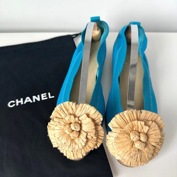 CHANEL Camellia Turquoise Leather Cork Cap Toe CC Logo Ballet Flats IT 37.5 C - Picture 16 of 16